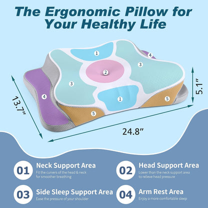 Cervical Neck Pillow for Pain Relief - Cooling Ergonomic Neck Support Pillow for Sleeping, Orthopedic Contour Memory Foam Pillows for Side, Back & Stomach Sleepers with Pillowcase
