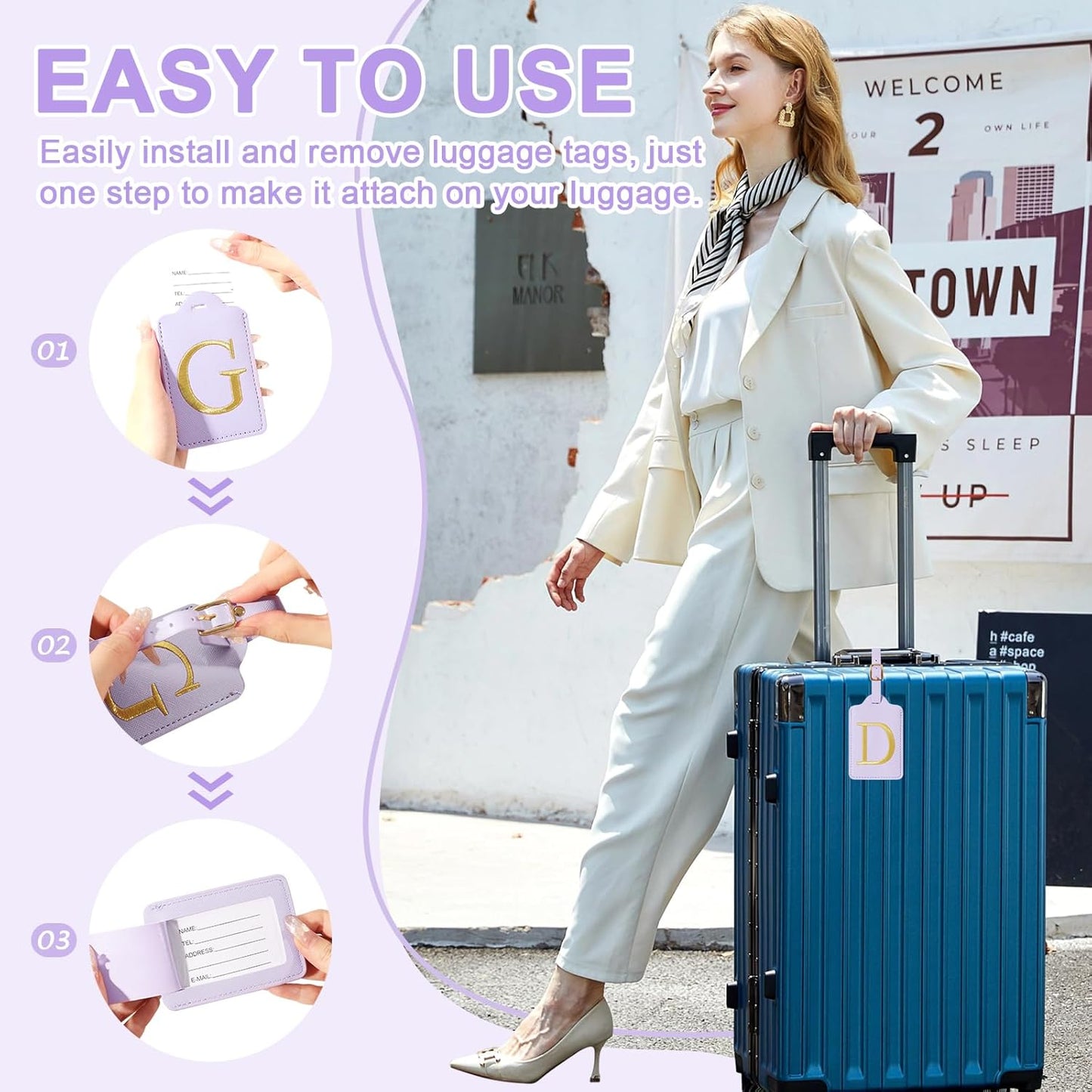 Personalized Initial Luggage Tags for Suitcase, Purple Leather Cute Luggage Tags with Privacy Cover Name Card, Embroidered Custom Monogrammed Luggage Tag Travel Backpack Tags Gifts for Women Kids(D)