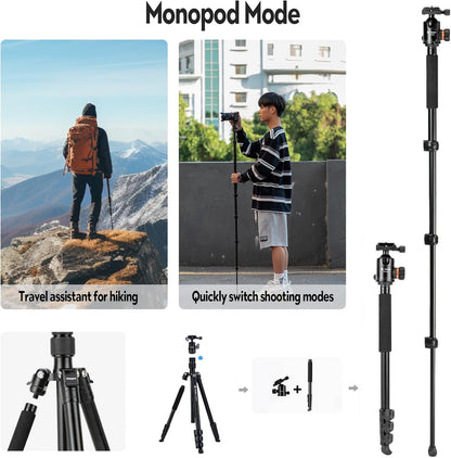 Fotopro 66" Camera Tripod, Aluminum Compact Travel Tripod and Monopod with 360° Ball Head Quick Release Plate, Professional Camera Tripod for DSLR, Load up 22lbs Video Tripod for DSLR, Load up 17.63bs