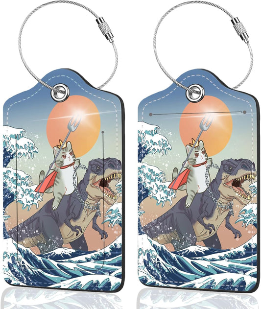 2Pack Luggage Tags for Suitcases, Cute Unique Pu Leather Cruise Luggage Tag with Privacy Cover ID Label Address Card and Metal Ring Suitable for Women Men Kids Travel Bag Dinosaurs and Cats