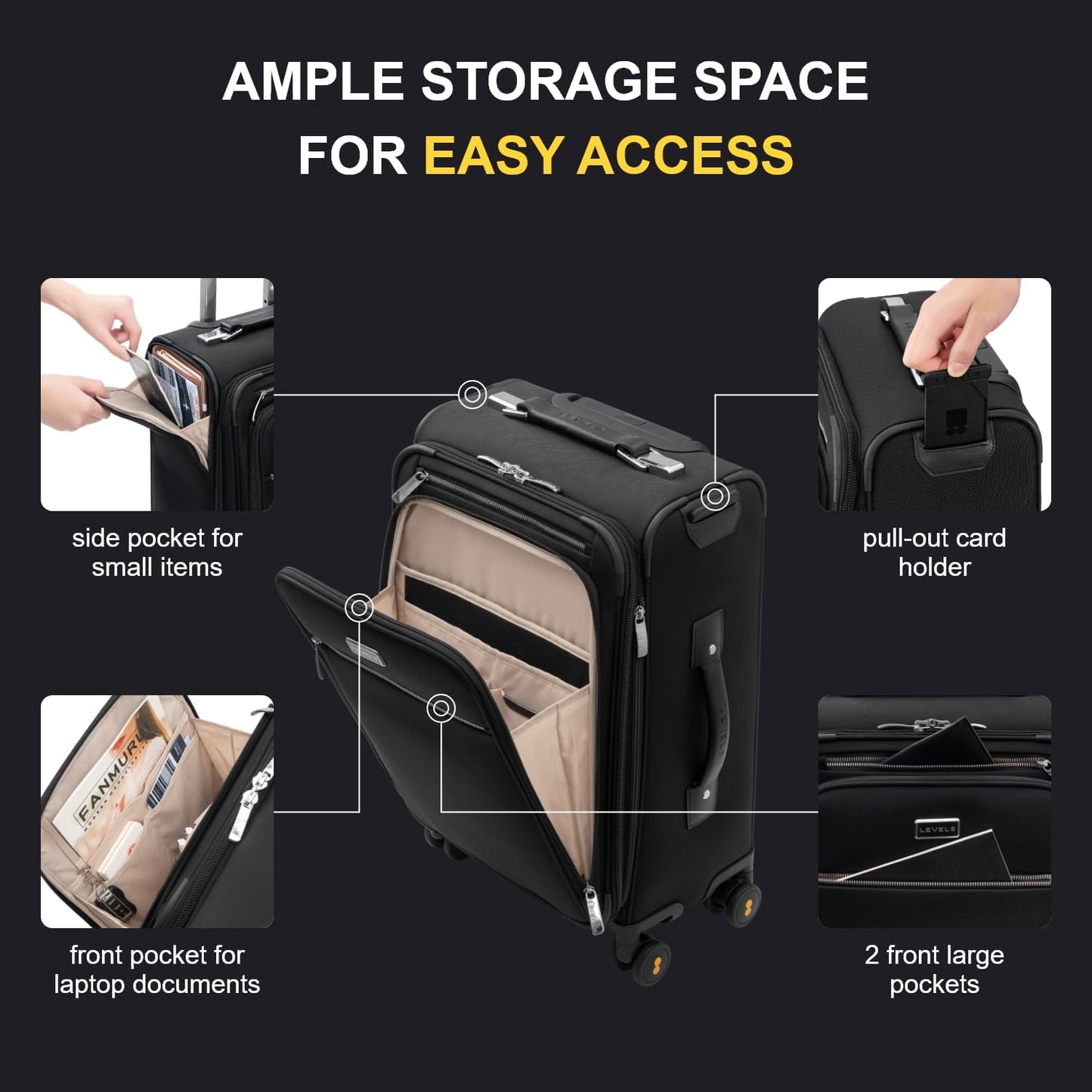 LEVEL8 Carry On Luggage with Compartment, 20 Inch Softside Expandable Travel Rolling Suitcase with Spinner Wheels, Tsa Locks, Men and Women, Black