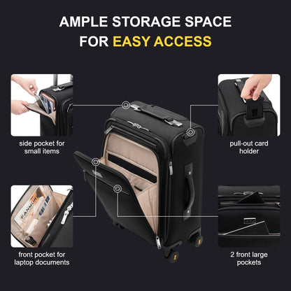 LEVEL8 Carry On Luggage with Compartment, 20 Inch Softside Expandable Travel Rolling Suitcase with Spinner Wheels, Tsa Locks, Men and Women, Black