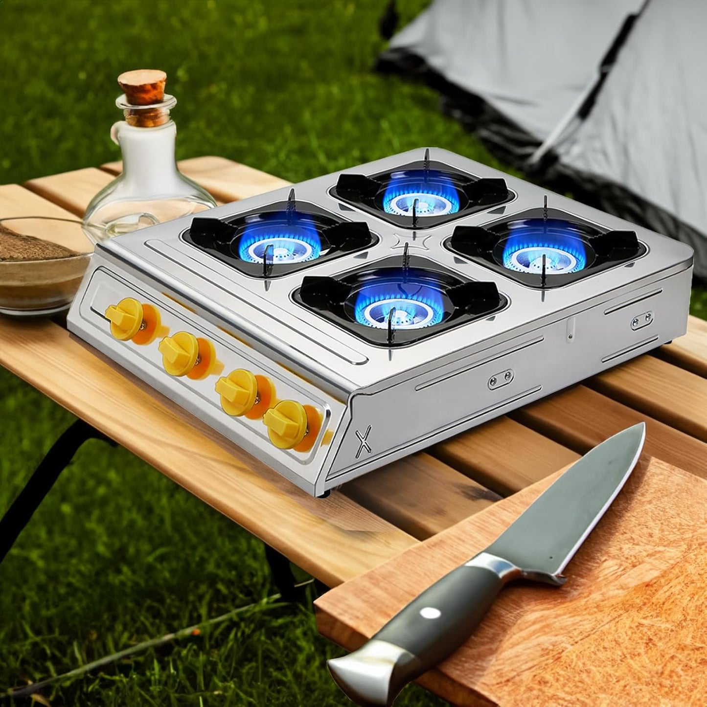 Vivicreate 4 Burner Propane Gas Stove 40000 BTU Stainless Steel Cooktop with Enamel Pan Support Electronic Ignition for Camping Outdoor Cooking BBQ Estufa de Gas Portátil Fogón de Gas