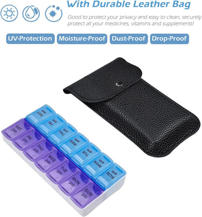 VOFOON Travel Pill Organizer 2 Times a Day, Large AM PM Pill Organizer 7 Day, PU Leather Daily Pill Box Case, Weekly Pill Medicine Organizer for Vitamins Medicine Fish Oils Supplements (L Size)