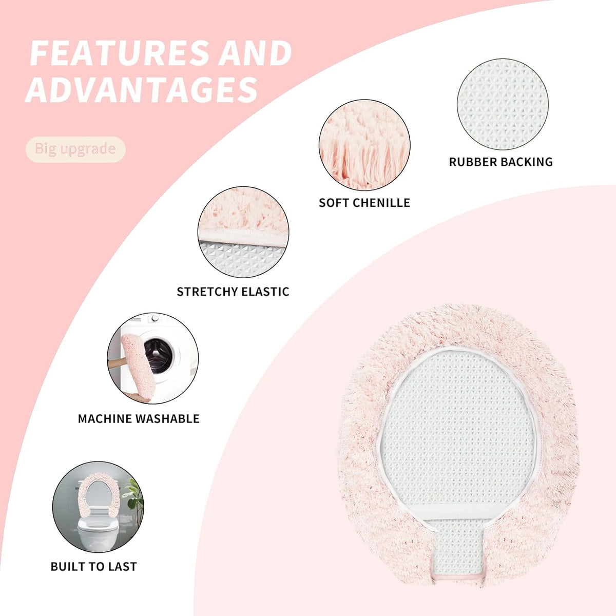 Microfiber Elongated Toilet Seat Cover 19.5"x 15" Machine Washable Solid Toilet Lid Cover Adjustable Rubber Backing Fits Most 18-19.5" L x 14-16" W Elongated Toilet Seat