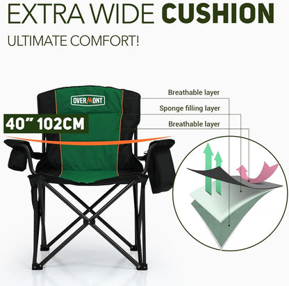 Overmont Oversized Folding Camping Chair - 450lbs Support with Padded Cushion Cooler Pockets - Heavy Duty Collapsible Chairs for Sports Garden Beach Fishing