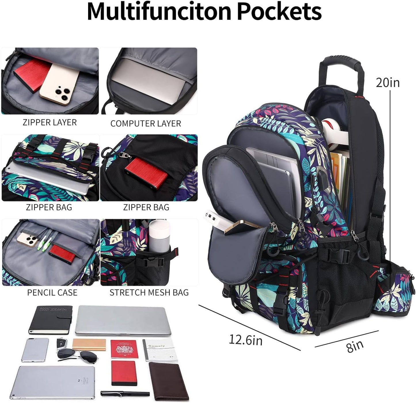 Nerlion 40L Hiking Backpack Travel Backpack for Men Women Camping Waterproof Outdoor Hiking Daypack Lightweight Backpack (Blue Leaves)