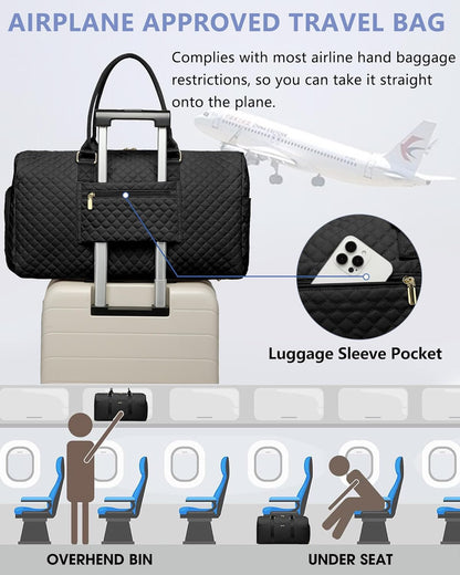 Weekender Travel Duffle Bag for Women - Carry on Bag with Shoe Compartment Overnight Bags with Wet Pocket Toiletry Bags Weekend Yoga Gym Traveling Hospital Bags for Labor and Delivery Black