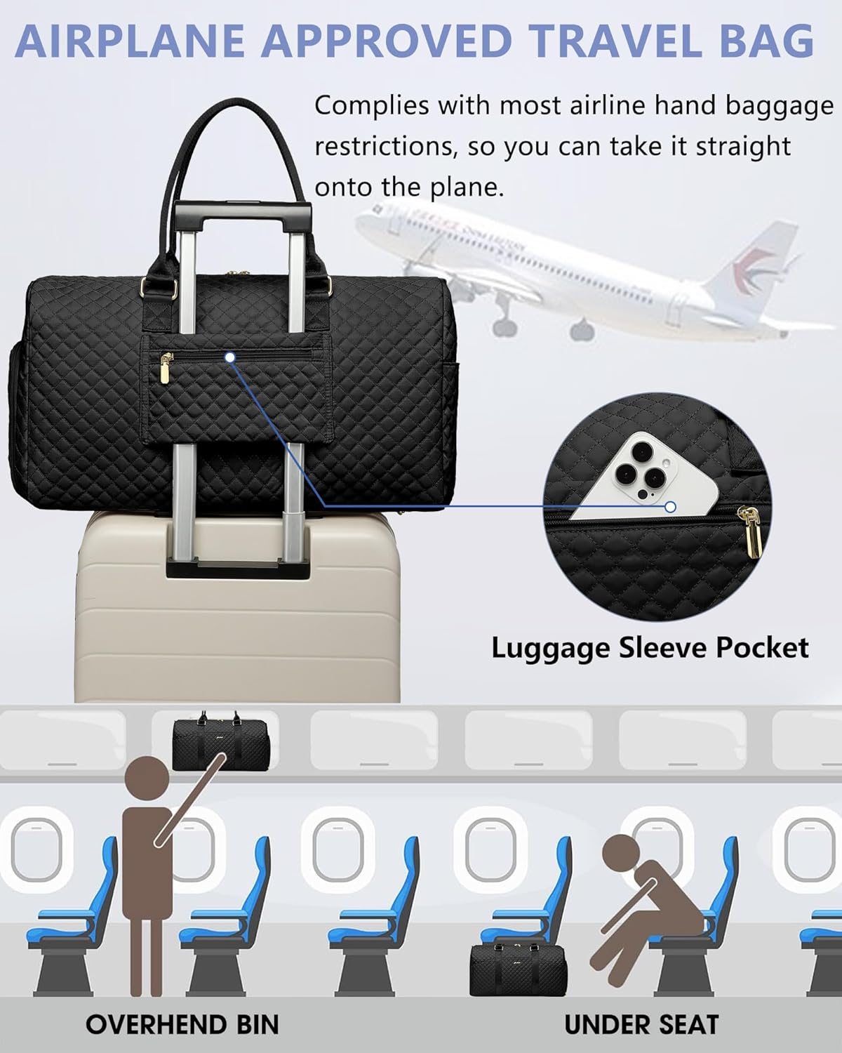 Women Weekender Travel Duffle Bag: Travel Duffel Overnight Bags with Shoe Compartment Large Carry on Tote with Toiletry Bag Weekend Traveling Yoga Gym Hospital Bag for Women with Wet Pocket Black