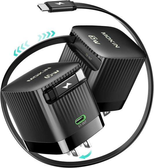 65W Retractable Wall Charger, PD Fast USB C Charger Block with Retractable Type C Cable, Travel Fast Charging Adapter with Foldable Plug for iPhone 16/15, MacBook Pro, iPad, Galaxy, and More