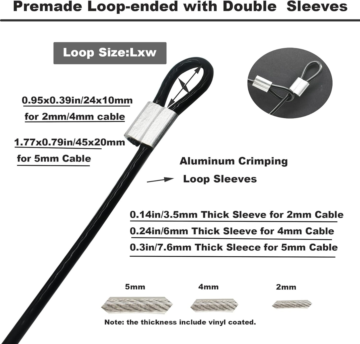 5 Pcs 4mm Wire 24 inch Vinyl Coated Stainless Steel Cable with Loops Short Wire Rope Lanyard Lock Security Chain Link for Outdoor Gates, Black(4mm x 24inch)