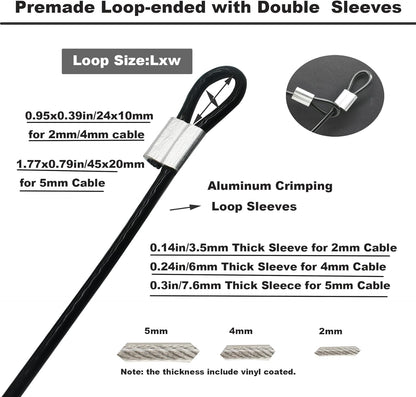 5 Pcs 4mm Wire 24 inch Vinyl Coated Stainless Steel Cable with Loops Short Wire Rope Lanyard Lock Security Chain Link for Outdoor Gates, Black(4mm x 24inch)