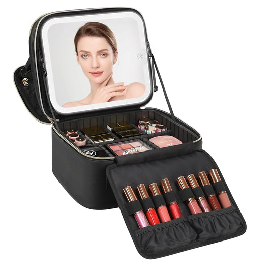Relavel Makeup Bag with LED Mirror, Small Travel Makeup Case with Rechargeable Lighted Mirror 3 Color Lights, Double Layer Cosmetic Box Makeup Brush Lipstick Holder Organizer for Women, Black
