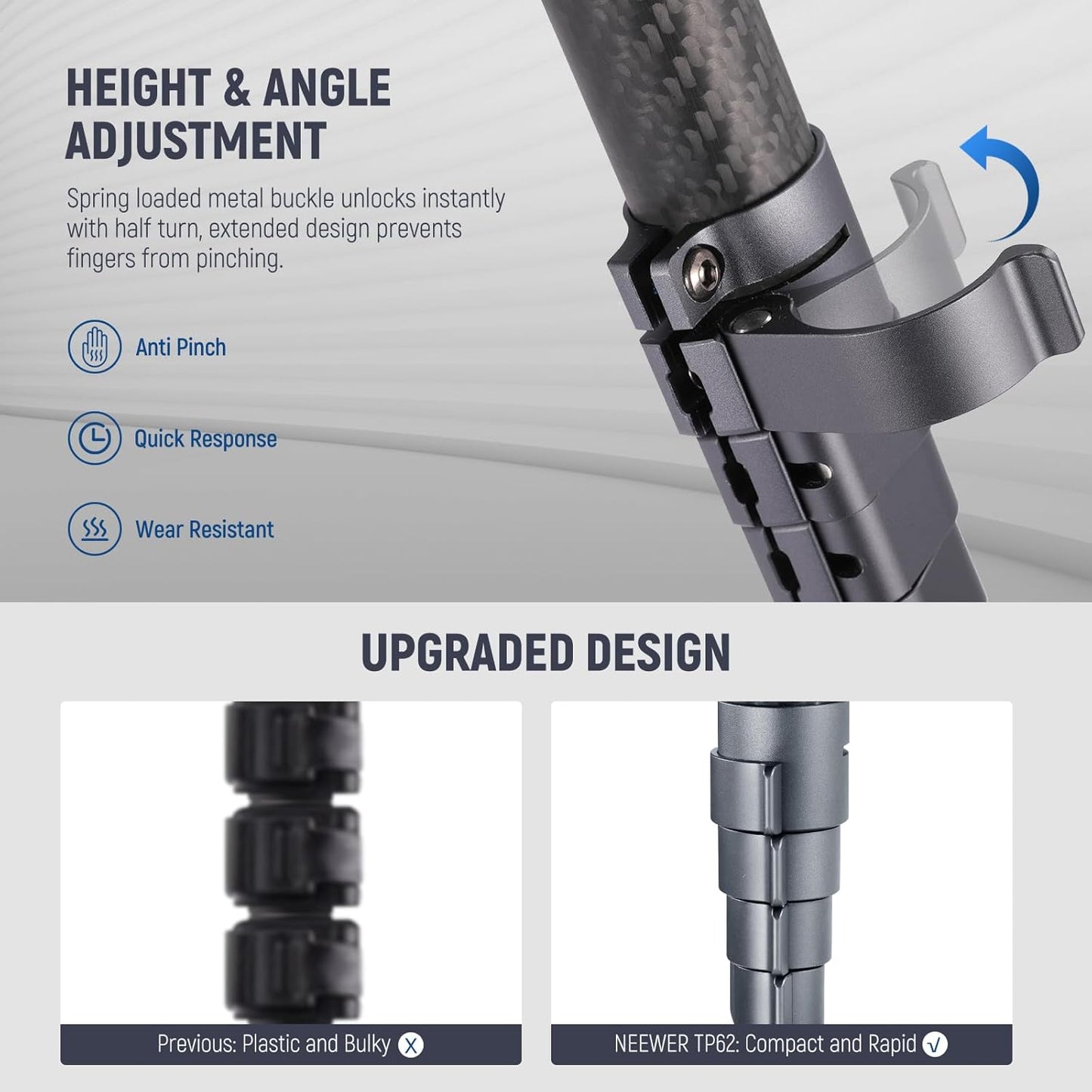 NEEWER LITETRIP LT32 62" Travel Tripod Carbon Fiber with ±15° Leveling 360° Panorama Head, Detachable Center Axis, Fast Flip Buckle, Arca QR Plate Compatible with Peak Design Capture V3, (Former TP62)
