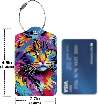 Colorful Cat 2 Pack Luggage Tag for Suitcase, Leather Bag Tags Identifiers Privacy Cover ID Label with Steel Loop for Women Men Kids Girls Travel