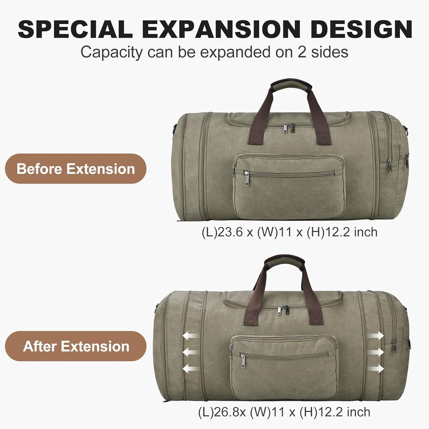 Felipe Varela 60L Duffle Bag for Men, Large Expandable Canvas Duffel Bag for Travel, Mens Carry On Luggage Bag Traveling Weekender Gym Overnight Bags for Airplanes, Green