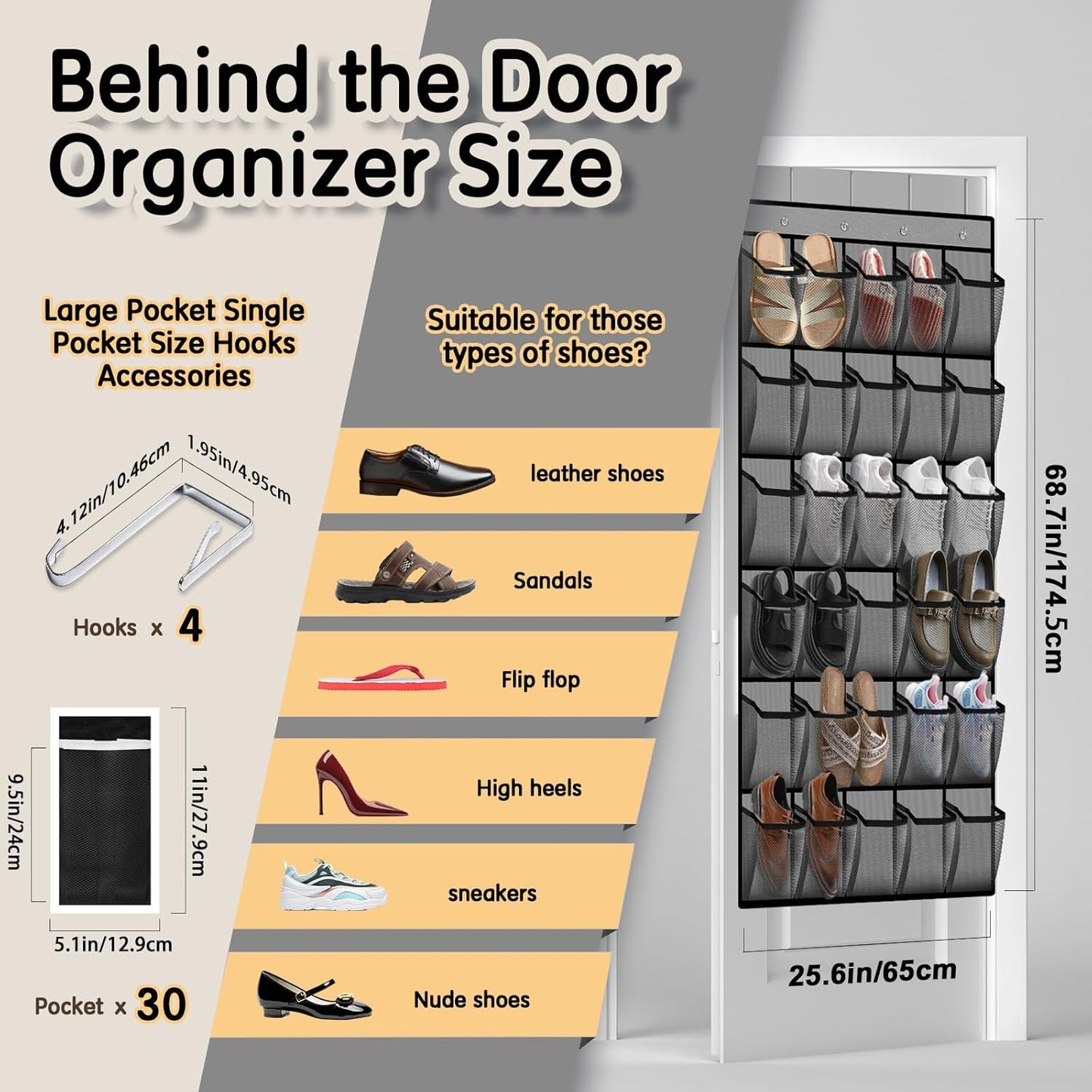2PCS Over the Door Shoe Organizer with 30 Breathable Mesh Pockets - Large Capacity Closet Storage for Men & Women, Hanging Shoe Rack Organizer -Gray