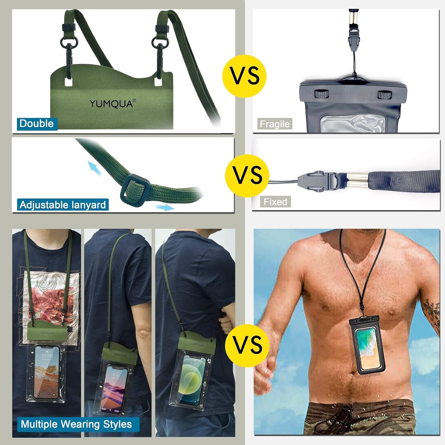 Large Waterproof Phone Pouch 2 Pack, IPX8 Waterproof Cell Phone Case Dry Bag Compatible with iPhone 15 14 13 12 Pro Max/Galaxy S23 Ultra S22 Pixel 4 XL Up to 7.5", Black+Army Green