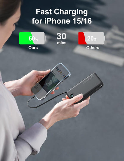 20000mAh Ultra-Portable-Charger-Power-Bank with Built in Cables&AC Wall Plug,PD20W USB-C Fast Charging Cell Phone Charger Battery Pack,LED Display Travel Battery Bank for All iPhone,Samsung,Android