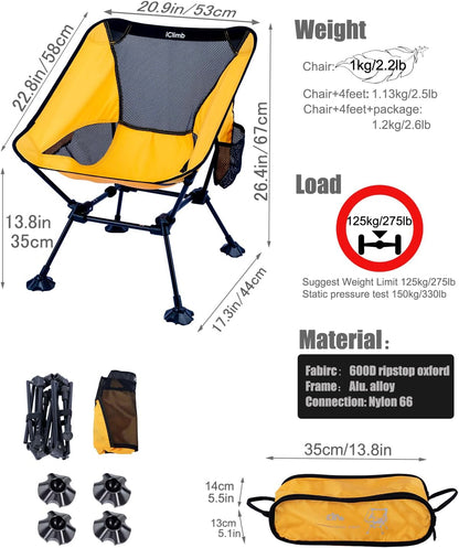 iClimb Ultralight Compact Camping Folding Beach Chair with Anti-Sinking Large Feet