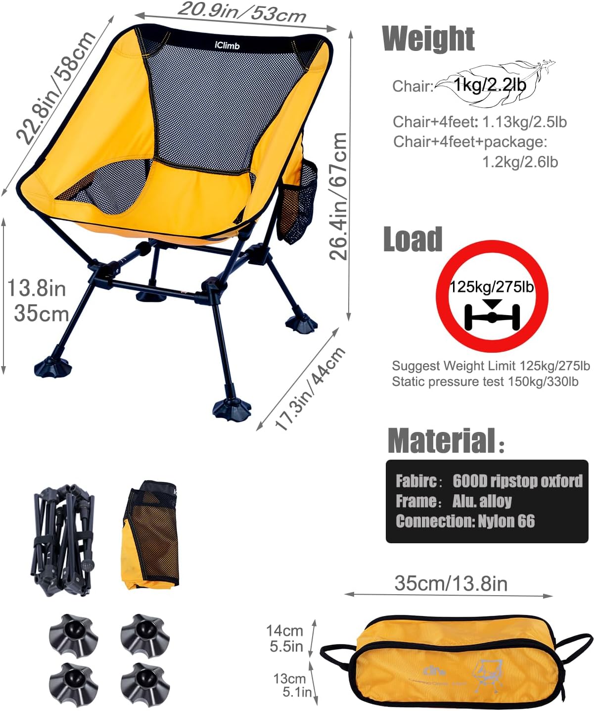 iClimb Ultralight Compact Camping Folding Beach Chair with Anti-Sinking Large Feet