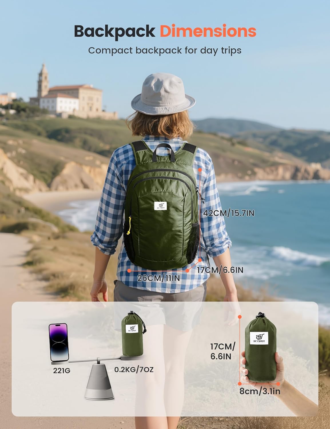 SKYSPER 16L Hiking Backpack Lightweight Small for Women Men, Foldable Packable Daypack - Travel Camping Backpack, Outdoor Hiking Bag (Armygreen)