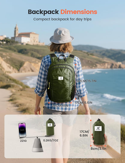 SKYSPER 16L Hiking Backpack Lightweight Small for Women Men, Foldable Packable Daypack - Travel Camping Backpack, Outdoor Hiking Bag (Armygreen)