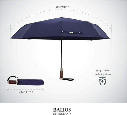 Balios (Designed in UK) Travel Umbrella Luxurious Golden Hardwood Handle Auto Open & Close Windproof Frame Single Canopy Automatic Folding Umbrella Men's & Ladies