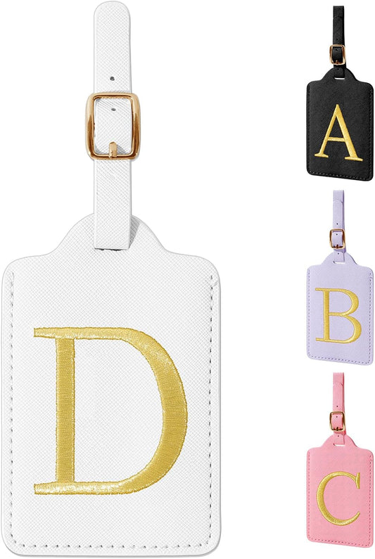 Personalized Initial Luggage Tags for Suitcase TSA Approved, White Leather Cute Luggage Tag with Privacy Cover Name Card, Embroidered Custom Luggage Tags Travel Baggage Tags Gifts for Women Kids(D)