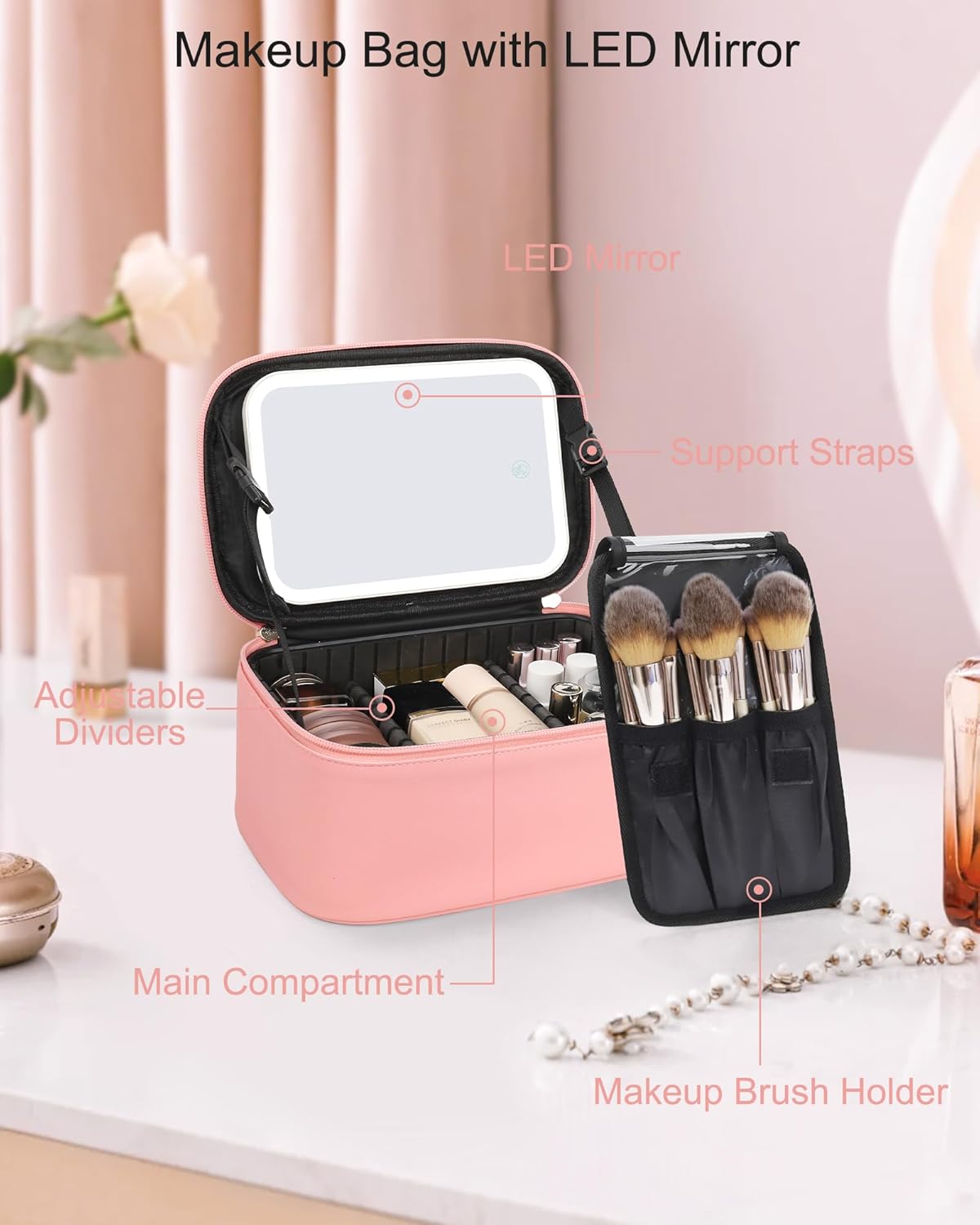 Makeup Bag With LED Mirror, Travel Makeup Bag With 3 Color Setting Light Up Mirror Cosmetic Makeup Organizer Vanity Case for Women Beauty Tools Accessories Rechargeable Makeup Travel Bag - Pink