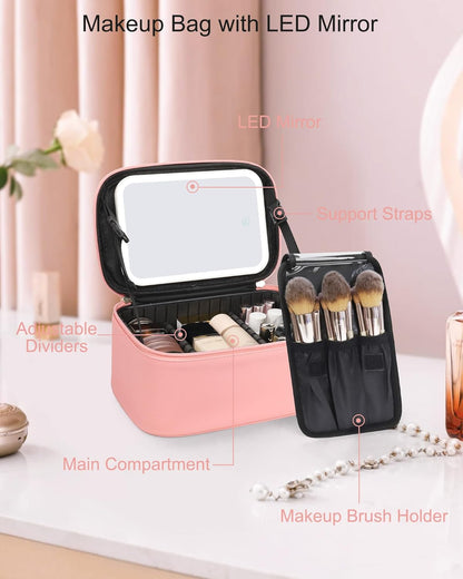 Makeup Bag With LED Mirror, Travel Makeup Bag With 3 Color Setting Light Up Mirror Cosmetic Makeup Organizer Vanity Case for Women Beauty Tools Accessories Rechargeable Makeup Travel Bag - Pink