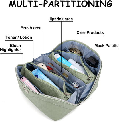 Travel Makeup Bag Organizer Cosmetic Bag: 3 Pcs Set Make up Bags for Women with Handle - Waterproof Vegan Leather Toiletry Bags with Comparments (C-06-Green)