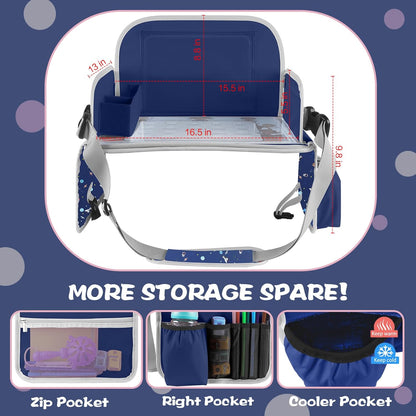 MENZOKE Car Seat Tray for Kids with Educational Drawing Board, Tablet Holder & Cooler Cup Holder, Essential for Car Travel & Airplane Trips, Space Pattern Design, Dark Blue