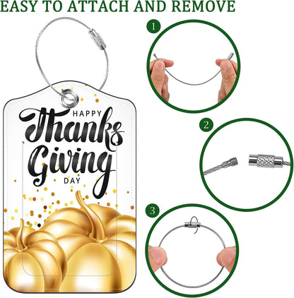 2 Pack Luggage Tag for Suitcase Happy Thanksgiving Day Leather Suitcase Tags with Privacy Name ID Label and Stainless Steel Loop for Travel Bag