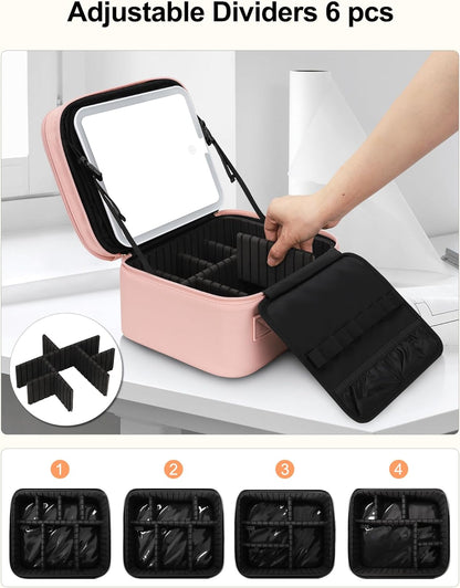 Travel Makeup Bag with LED Mirror Double Layer Makeup Case with Lighted Mirror Dual Layer Cosmetic Train Case Portable Artist Organizer Bag with Dividers and Rechargeable Vanity (Pink, Small)