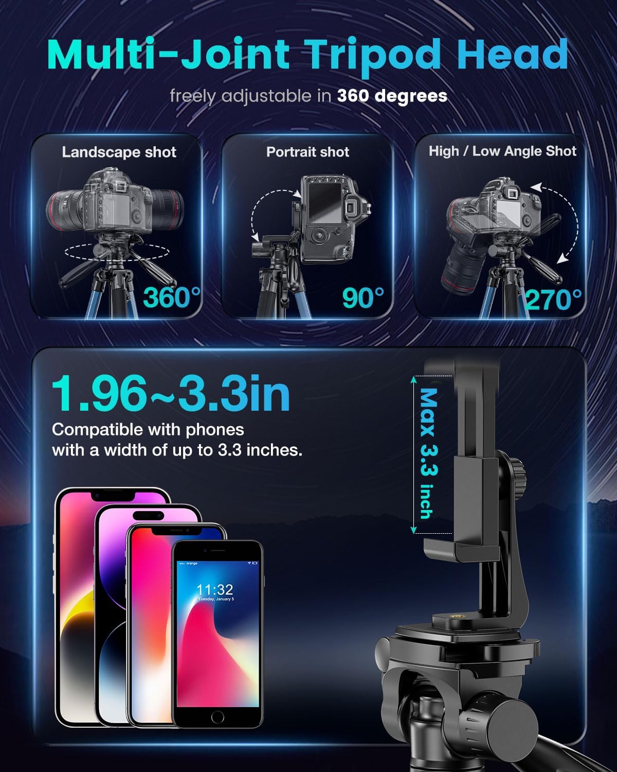 74"-Camera-Tripod, Navy Blue Professional Aluminum Heavy Duty Tripod Stand for Mirrorless Camera/DSLR/Cell Phone/Camcorder, with Holder and Travel Bag