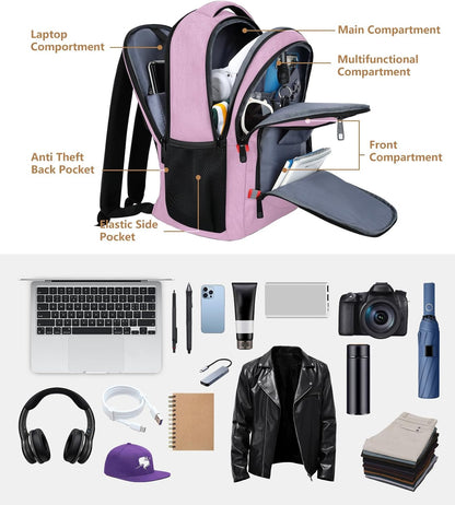 Pink Backpack for Women, School Backpacks for Girls Teen, Bookbag with USB Charging Port, College High School Backpack Fits 15.6 Inch Laptop, Casual Work Business Back Pack