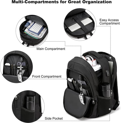 Black Backpack, School Backpacks for Teen Boys & Girls, Student Bookbag Fits 17.3 Inch Laptop with USB Charging Port, Water Resistant Travel Backpack, Sturdy Anti Theft Computer Bag Gifts Men Women