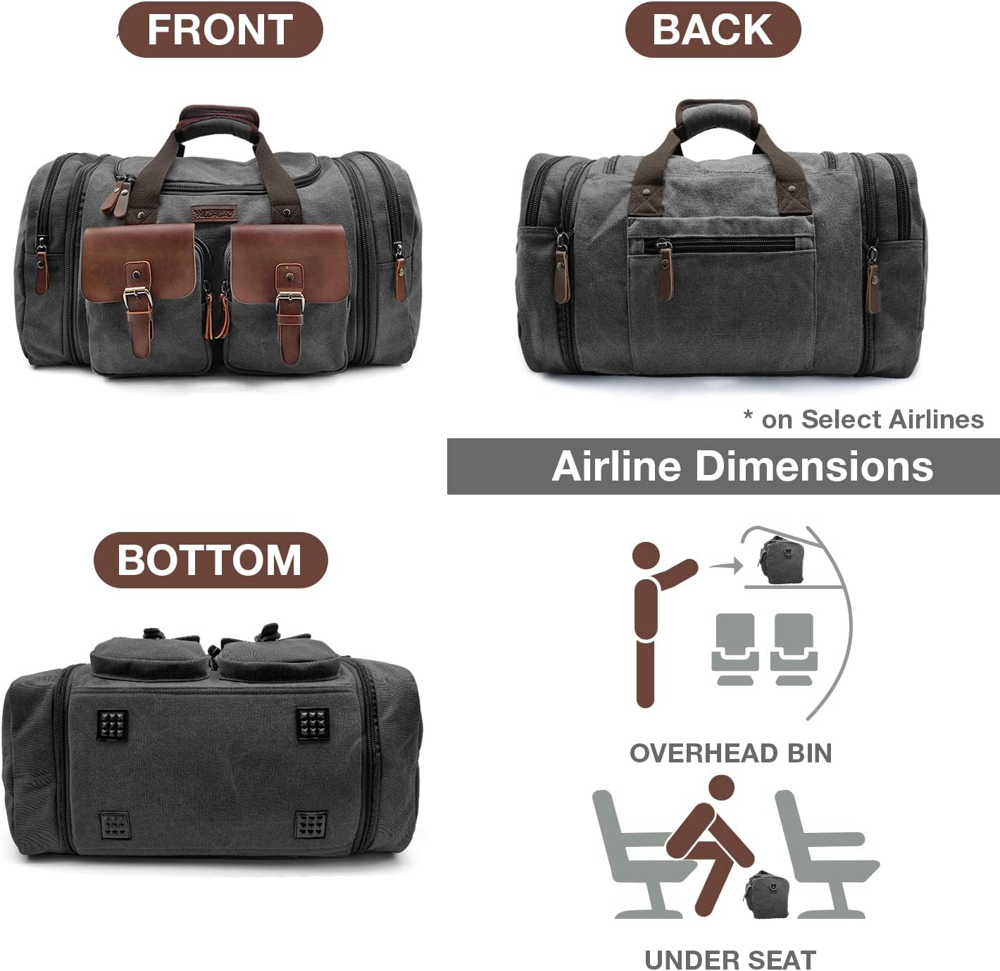 Wildroad 60L Travel Duffel Bag, Expandable Canvas Genuine Leather Duffle Bag Upgraded Overnight Weekender Bag Carry on Bag