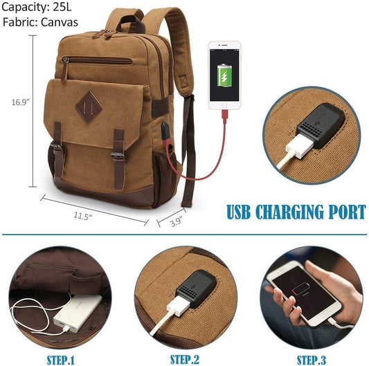 Canvas Backpack for Men Women, Vintage Rucksack Fits Most 15.6 Inch Laptop, Bookbag with USB Charging Port, Brown