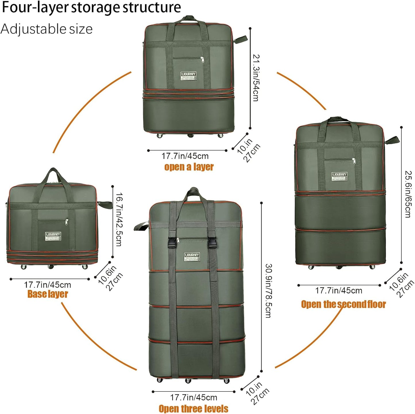 Expandable Large Capacity Travel Bag Oxford Cloth Duffel Bag with Wheels Lightweight Waterproof Travel Foldable Suitcase(ArmyGreen)