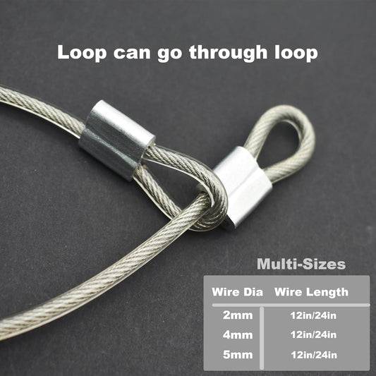 10 Pcs 2mm Wire 24 inch Vinyl Coated Stainless Steel Cable with Loops Short Wire Rope Lanyard Lock Security Chain Link for Outdoor Gates, Clear (2mm x 24inch)