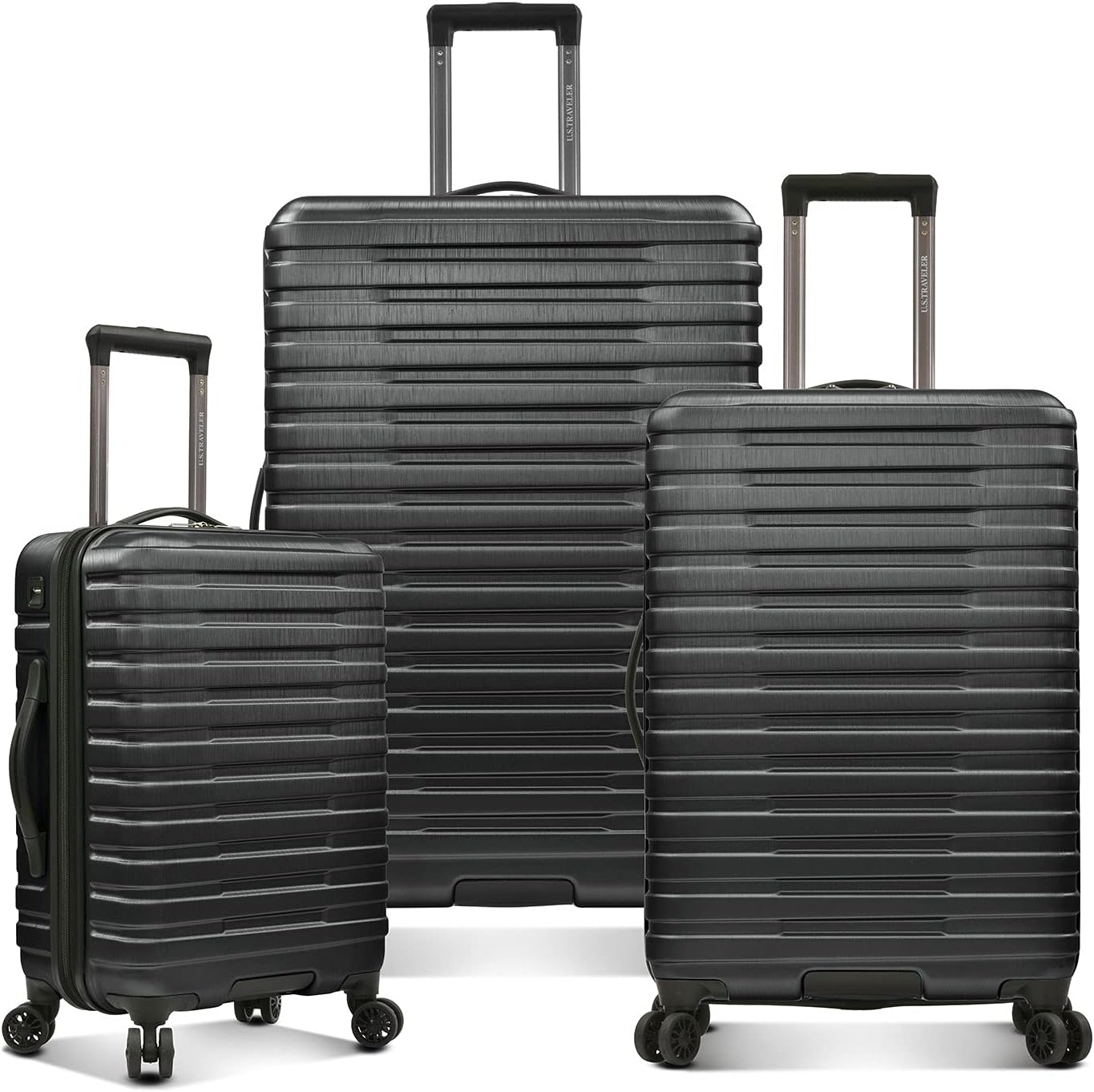 U.S. Traveler Boren Polycarbonate Hardside Rugged Travel Suitcase Luggage with 8 Spinner Wheels, Aluminum Handle, Black, 3-Piece Set, USB Port in Carry-On