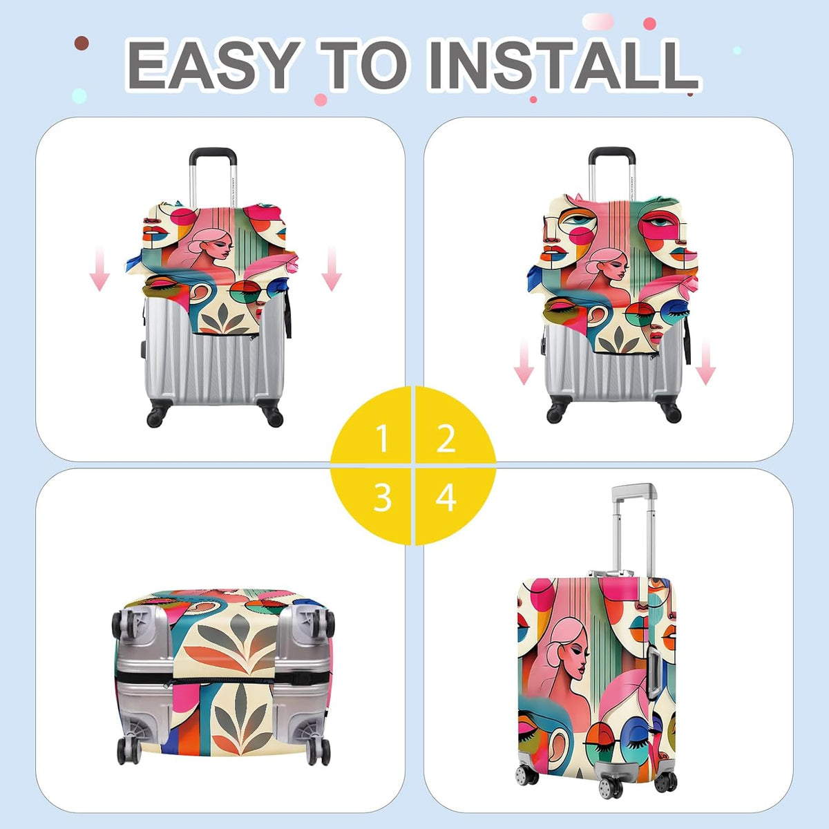 ANNA QUEEN Modern Art Fashion Luggage Cover, Stylish Abstract Woman Suitcase Protector, Washable, Stretchable Travel Sleeve for 32-34 Inch Luggage, Trendy, Colorful Design