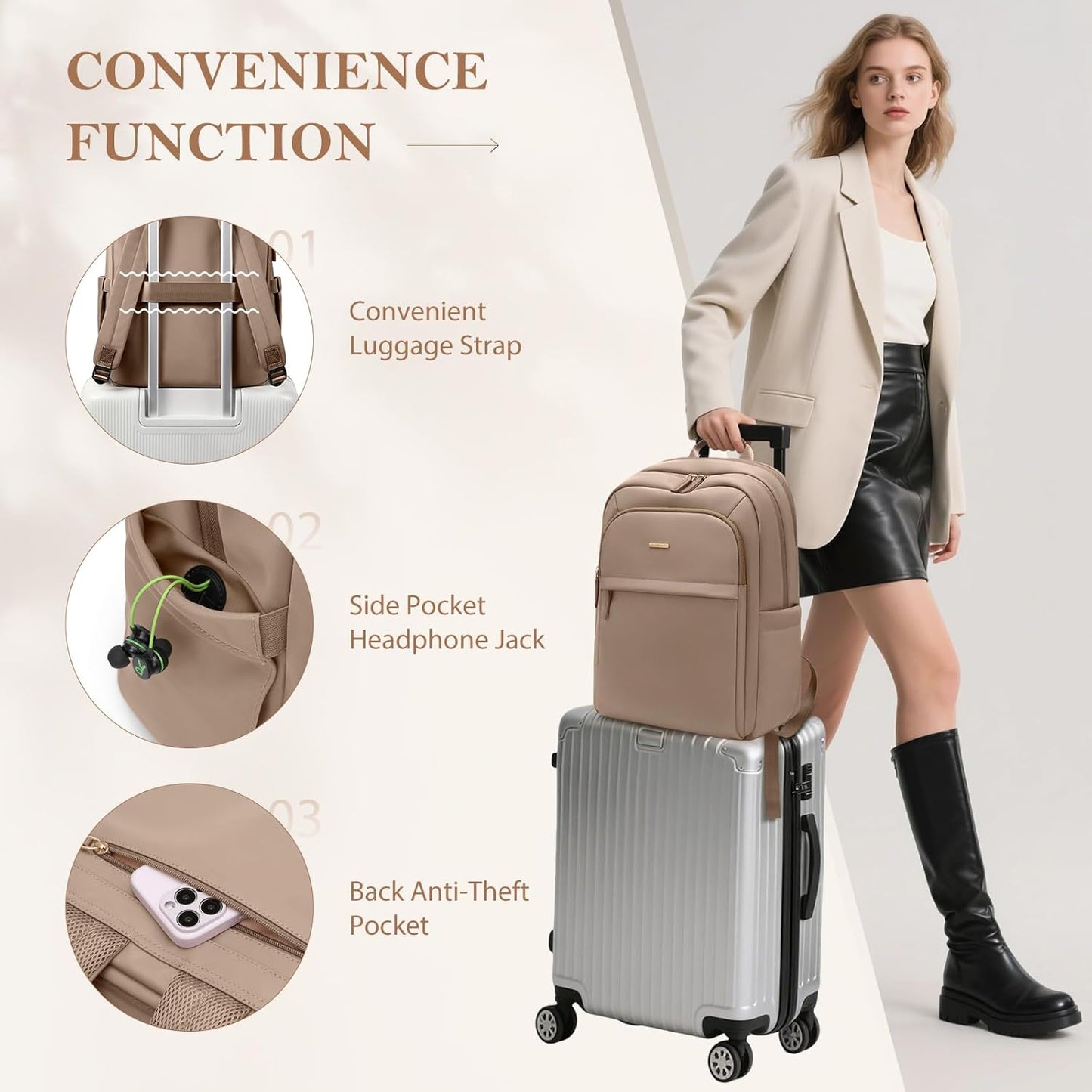 Travel Backpack for Women Personal Carry On Bag Business Weekender Hiking Multilayer Laptop Bag,16 Inch,Brown