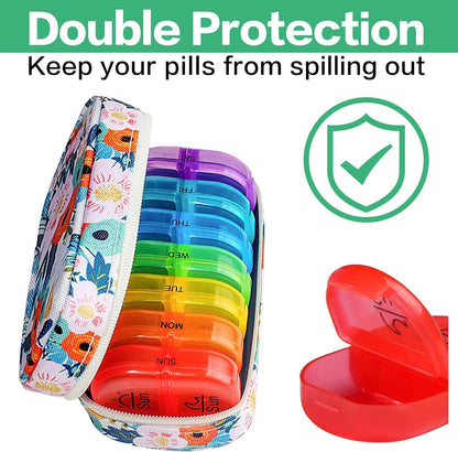 Serfeymi Weekly Travel Pill Organizer 2 Times A Day AM PM Rainbow Pill Box 7 Day with Zipper Canvas Pill Case, Medicine Organizer for Pills, Vitamins, Fish Oils - Black 02 + Bloom 01