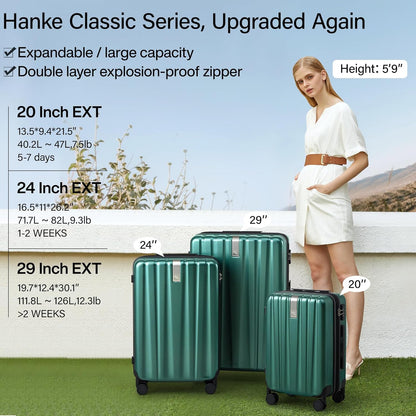Hanke Expandable Hard Shell Luggage Sets 2 piece Carry on Luggage with Wheels Suitcases Lightweight Checked Travel Luggage Rolling Large Suitcase Travel Luggage Bag Woman Men 20/29 IN(Blackish Green)