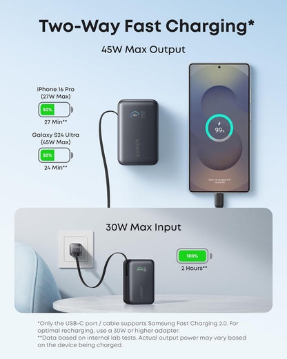 Anker Nano Power Bank, 10,000mAh Portable Charger with 2.3 ft InstaCord Retractable Cable, 45W Max Compact Battery Pack, Smart Display, for iPhone 16/17 Series, iPad, Galaxy, Pixel, and More