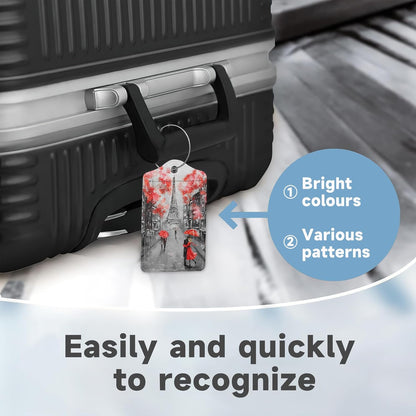 Set of 2 Luggage Tags for Suitcases, Leather Romantic Eiffel Tower Baggage Tags with Stainless Steel Loop, Privacy Name ID Card Cover Kawaii Travel Labels for Women Men Kids Girls