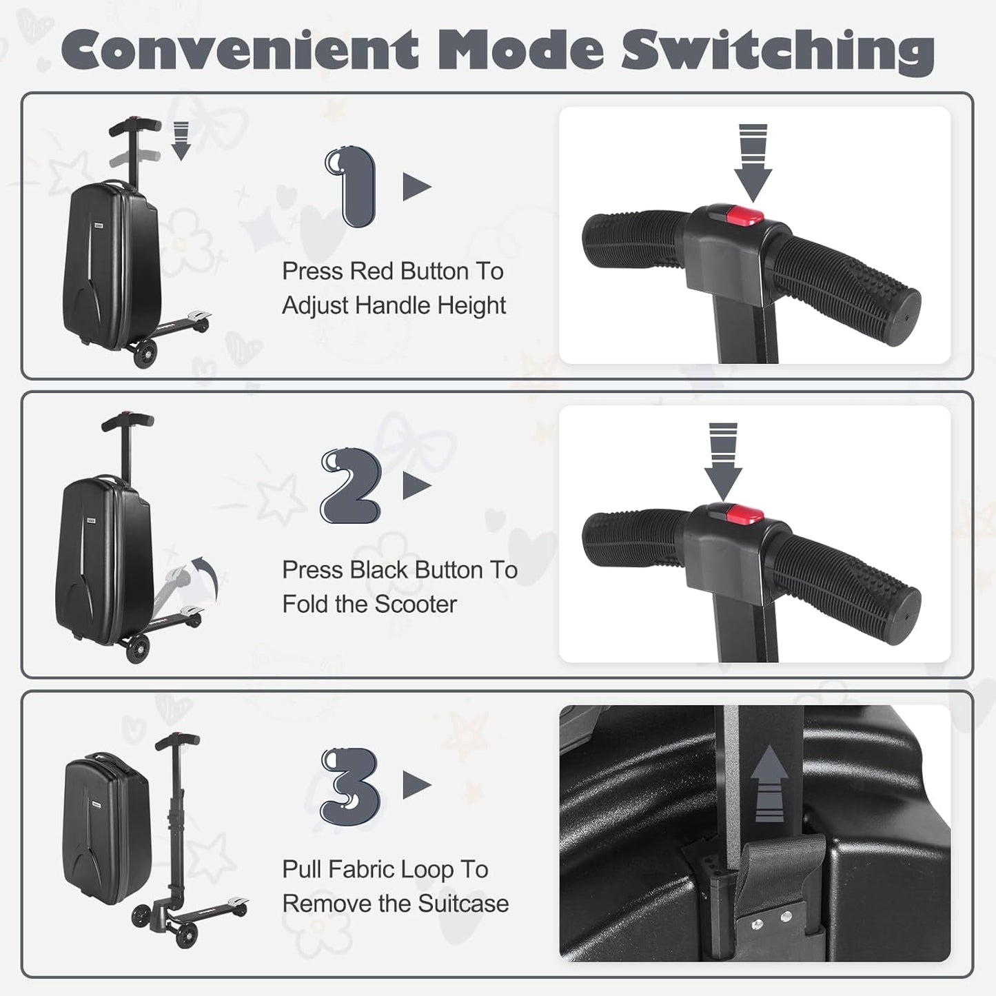 iubest Scooter Luggage Carry On Scooter Suitcase for Kids Age 4-15, Detachable & Foldable 4 in 1 Kids Suitcase, Multifunctional Ride On Travel Trolley Scooter Combo-Black